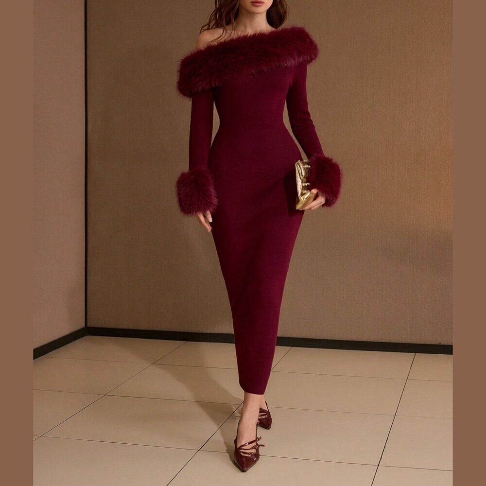 Burgundy Faux Fur Trim Off Shoulder Long Sleeve Sweater Maxi Dress